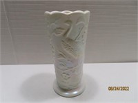 8" White Carnival Glass PEACOCK Vase