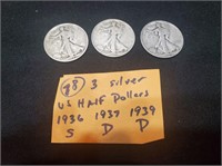 3 Walking Liberty US silver half dollars 1930s