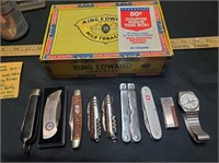Cigar box 7 knives 1 multitool 1 vtg Seiko watch