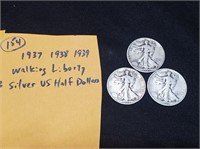 3 Walking Liberty US silver half dollars 1930s