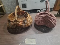 2 old antique wicker woven buttocks baskets