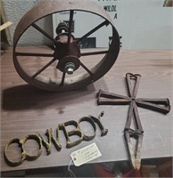 3pc rustic cast iron cross farm wheel cowboy sign