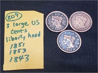 3 US liberty coronet head large cents 1843 51 & 53