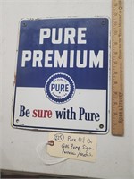 PURE  Oil Co Premium gas pump sign porcelain metal