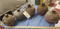 5 old pressed steel smudge pots road lanterns