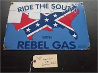 18" Ride the South with Rebel Gas porcelain sign