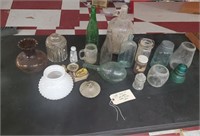 19pc lot old jars bottles glass lamp shades etc