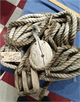 Old nautical rope wooden pulleys block & tackle