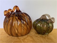 Art Glass PUMPKINS - Amber/Orange & Olive w/