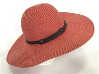 Red woven wide brim sun hat w/ leather buckle