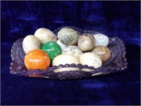 13 Stone Eggs in Pressed Glass Bowl