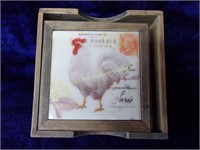 Set of 4 Wood and Porcelain Rooster Coasters