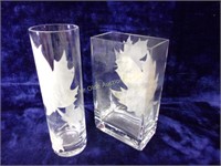 2 Glass Vases with Etched Leaves