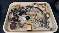 Tray lot of costume jewelry - necklaces, pins,