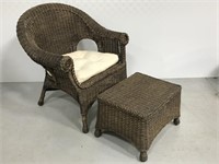 Brown wicker arm chair & matching ottoman