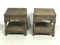 Set of 2 brown woven wicker side tables