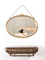 Vintage Bronze & Wood Floating Shelf / Mirror
