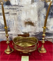 11 - BRASS CENTERPIECE BOWL & CANDLE HOLDERS (N38)