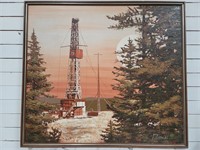 Large, Signed Oil Rig Painting, Oil on Canvas