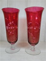 Vintage Pair of Red Etched Vases