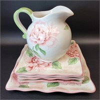 Pink Peony XL Platter 4 Square Plate & Pitcher