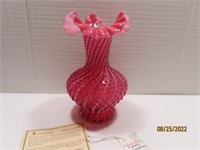11" Hobnail Cranberry Opalescent Spiral Optic Vase