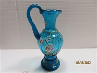 Signed Clear Blue Handpainted 9" Pitcher