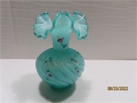 Signed Handpainted Opalescent Blue/Green 6" Vase