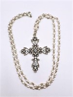 Pearled Necklace Rhinestone Cross Pendant 2 1/2"