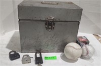 Metal box with lock and keys, and baseballs