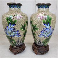 2 Vtg 1980's Japanese Cloisonne Vases w/ Stands