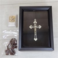 Religious Cross Framed in Shadow Box w/ 3 Rosaries
