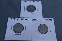 Set of 3 V-Nickels 1907, 1910, and 1912