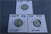 2 Silver 1943 War Nickels and Silver 1964 Dime