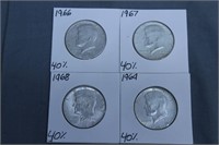 Set of 4 40% Silver Kennedy Half Dollars 1966-1969
