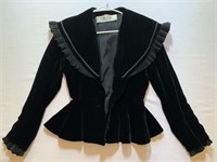 Vtg Black Velvet Jacket w/ Peplum, Sailor Collar,