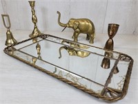 Vtg Brass Lot - Elephant, Bell, Crackled Mirror &