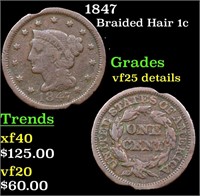 1847 Braided Hair Large Cent 1c Grades VF Details