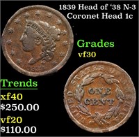 1839 Head of '38 Coronet Head Large Cent N-3 1c Gr