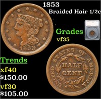 1853 Braided Hair Half Cent 1/2c Graded vf35 By SE
