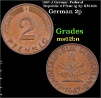 1967-J German Federal Republic 2 Pfennig 2p KM-106