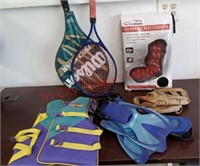 SSK ball glove, speedo flippers, tennis rackets,