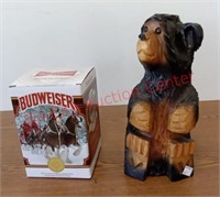 Carved wooden bear, Budweiser Stein