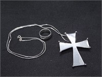 Sterling Silver Cross Necklace and Ring 32.81g