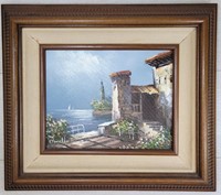 Vtg D'Aniello Seaside Villa Oil Painting on Canvas