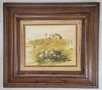Vtg Farm House Field Oil Painting - Signed Art