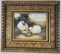 2 White Rabbits Painting Framed - Signed