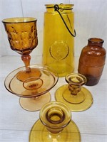Mixed Amber Glass - Candlesticks, Goblet, etc