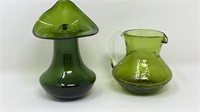 Green Glass Crackle Glass Mouthblown Pitchers