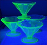 4 Vtg Green Uranium Glass Sherbet Footed Bowls